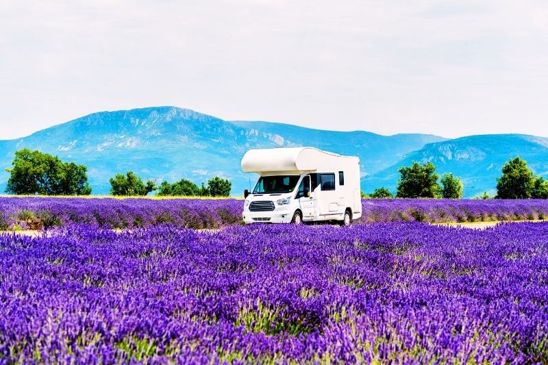 A white RV under clear skies surrounded by lavender fields with mountains in the background in Sault Provence