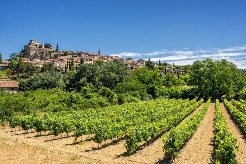 view of Ansouis with vineyards and blue sky