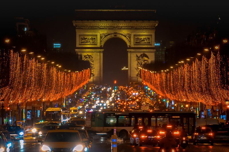 Champs Elysees at night during Christmas in Paris in winter