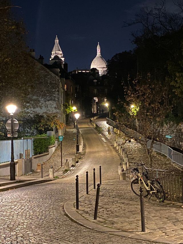 Montmartre at night in Paris in winter 