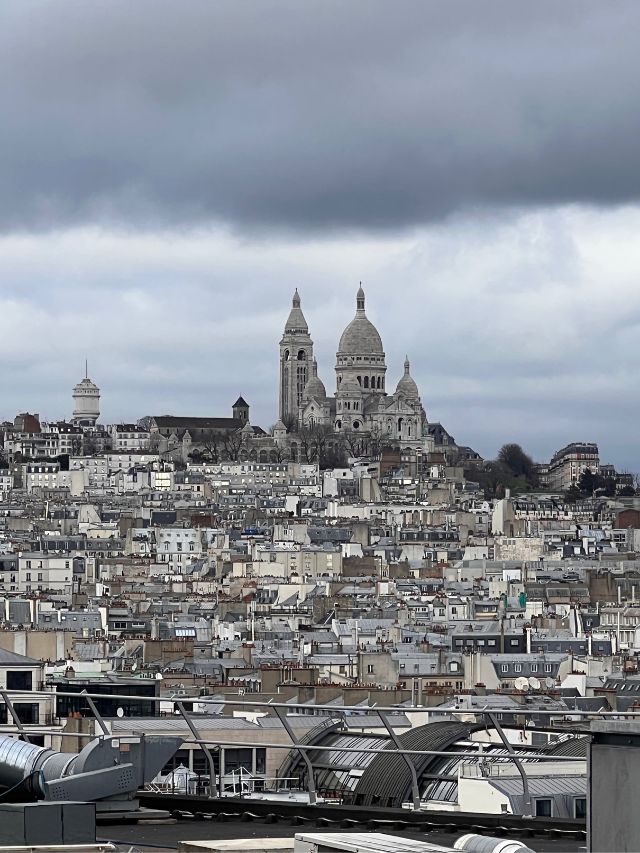 view of Sacre Coeur from Printemps gray sky