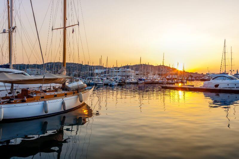 Cannes harbor at sunset
