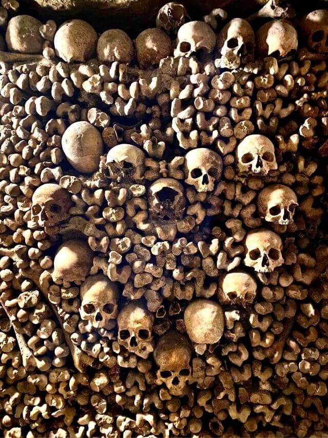 skulls forming a heart in the catacombs of Paris