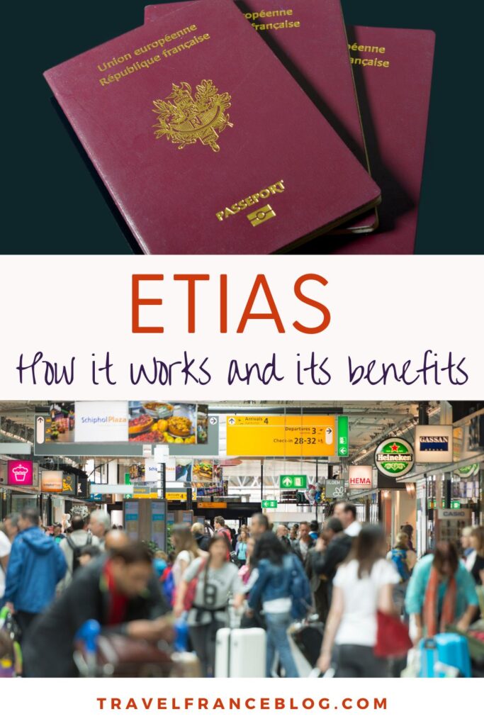 ETIAS How it works pin cover, people walking in the airport and a three marron passports