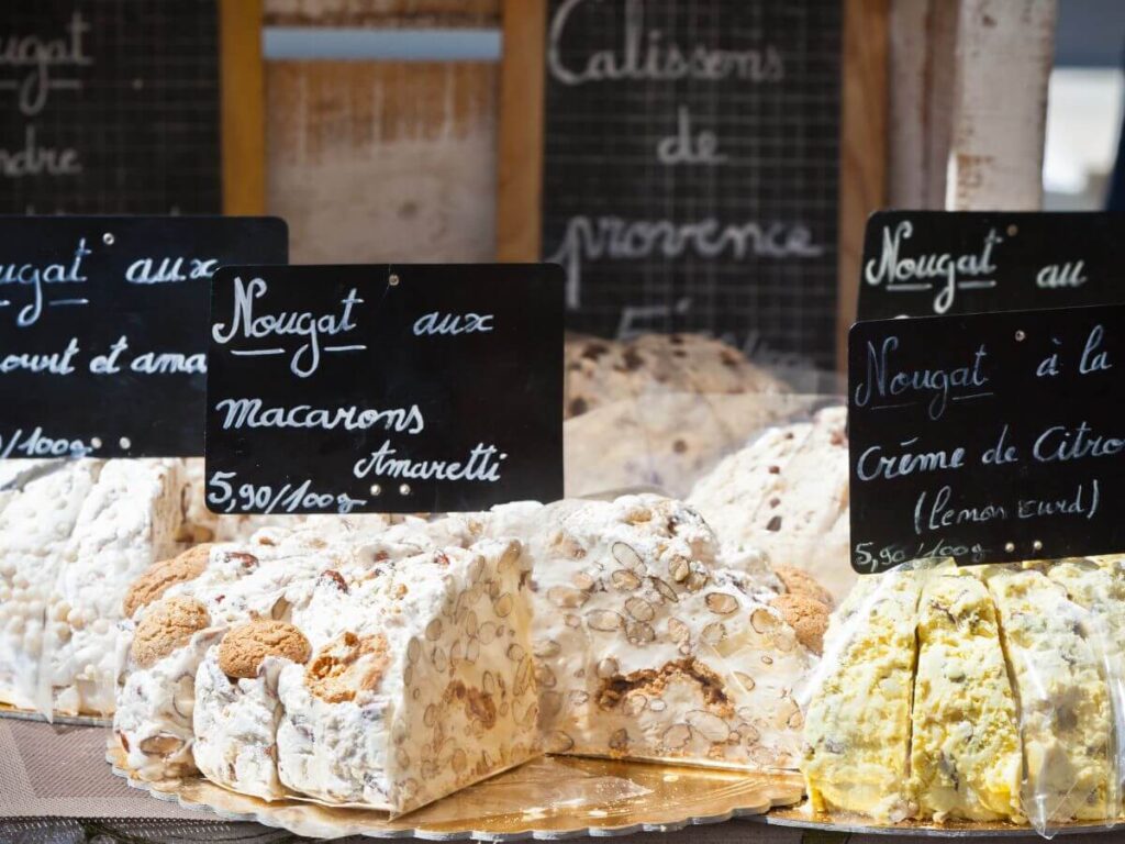 white nougats on display with labels for sale in sault provence