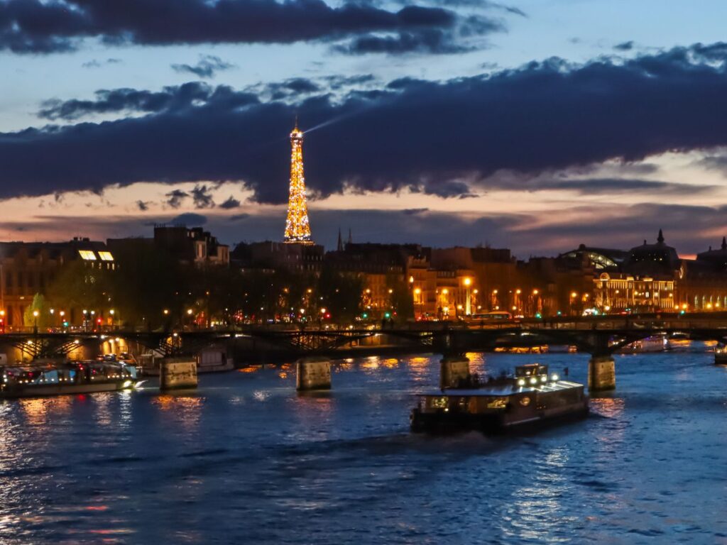 River Seine at night in Paris in winter