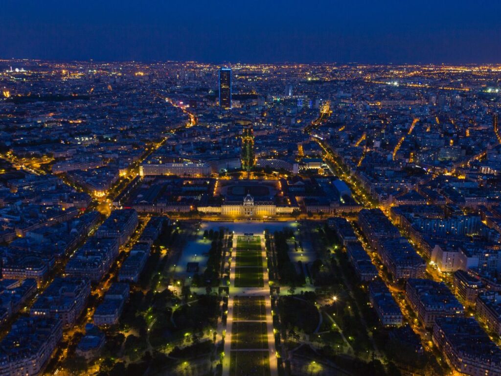 Aerial view of Paris at night from Montparnasse Tower