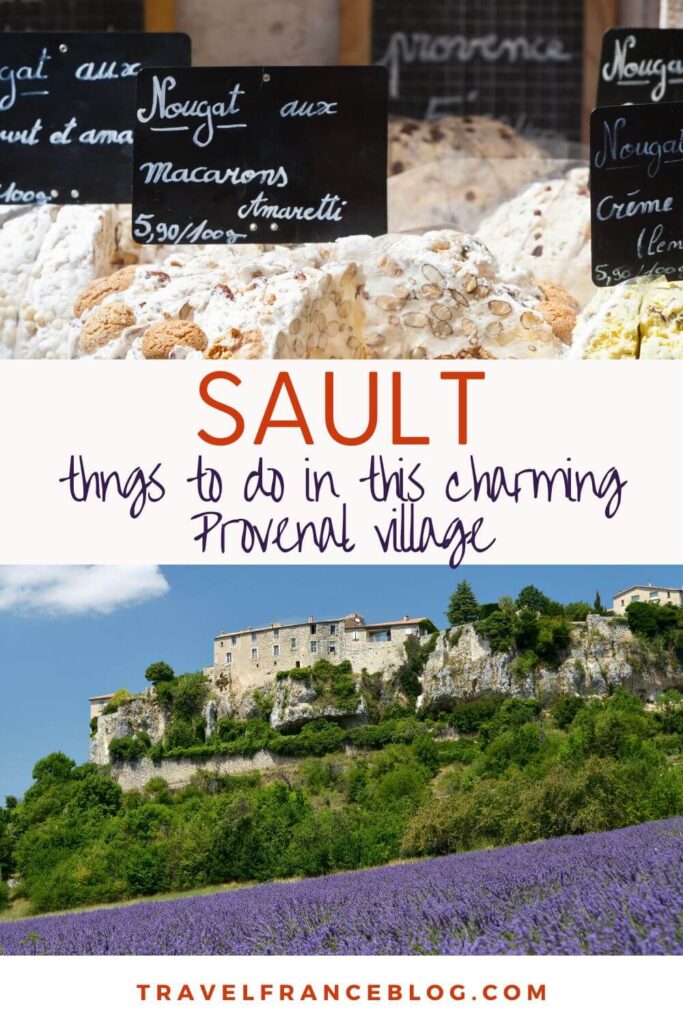 things to do in sault provence pin cover with nougats and stone houses on an elevated land with lavender fields in the foreground