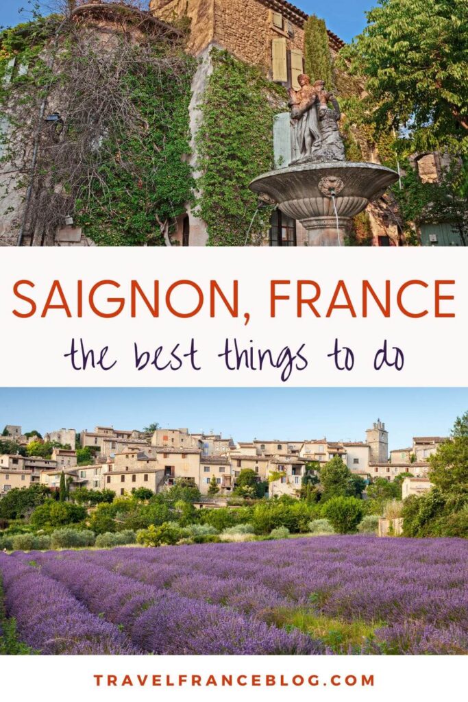 Hilltop view of the village of Sainon Provence France overlooking the lavender field and a fountain with a stone walled building covered by vines beside a tree