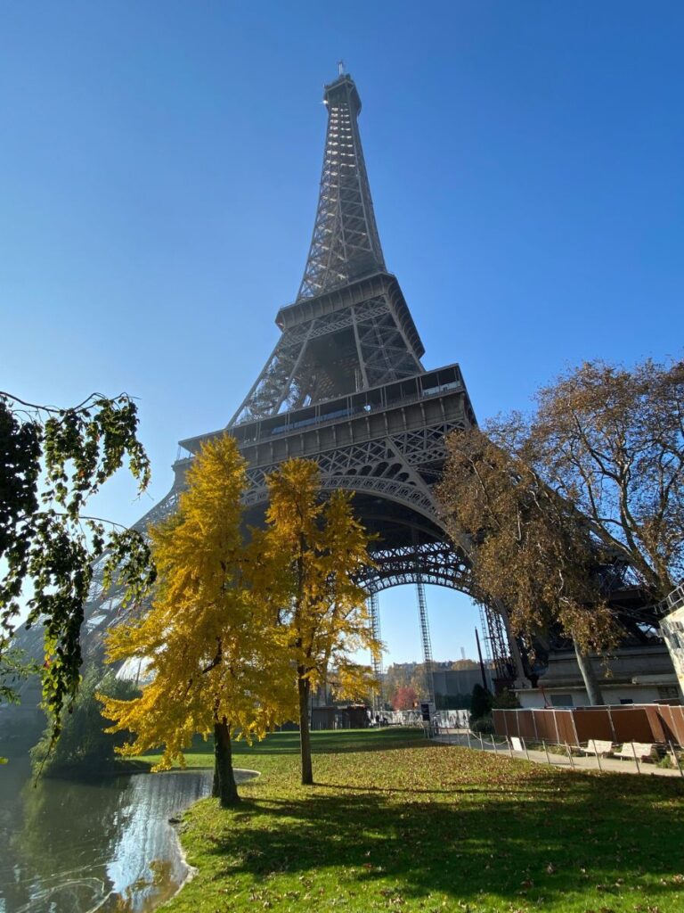 A garden in front of the Eiffel Tower with trees in orange and yellow hues in Paris in November