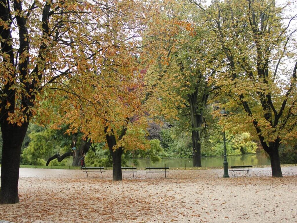 Bancos y árboles en colores verde y naranja en Buttes Chaumont en París en noviembre